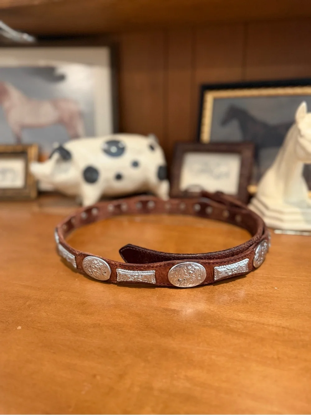 Vintage Western Unisex Tooled Brown Leather Belt with Silver Concho Accents
